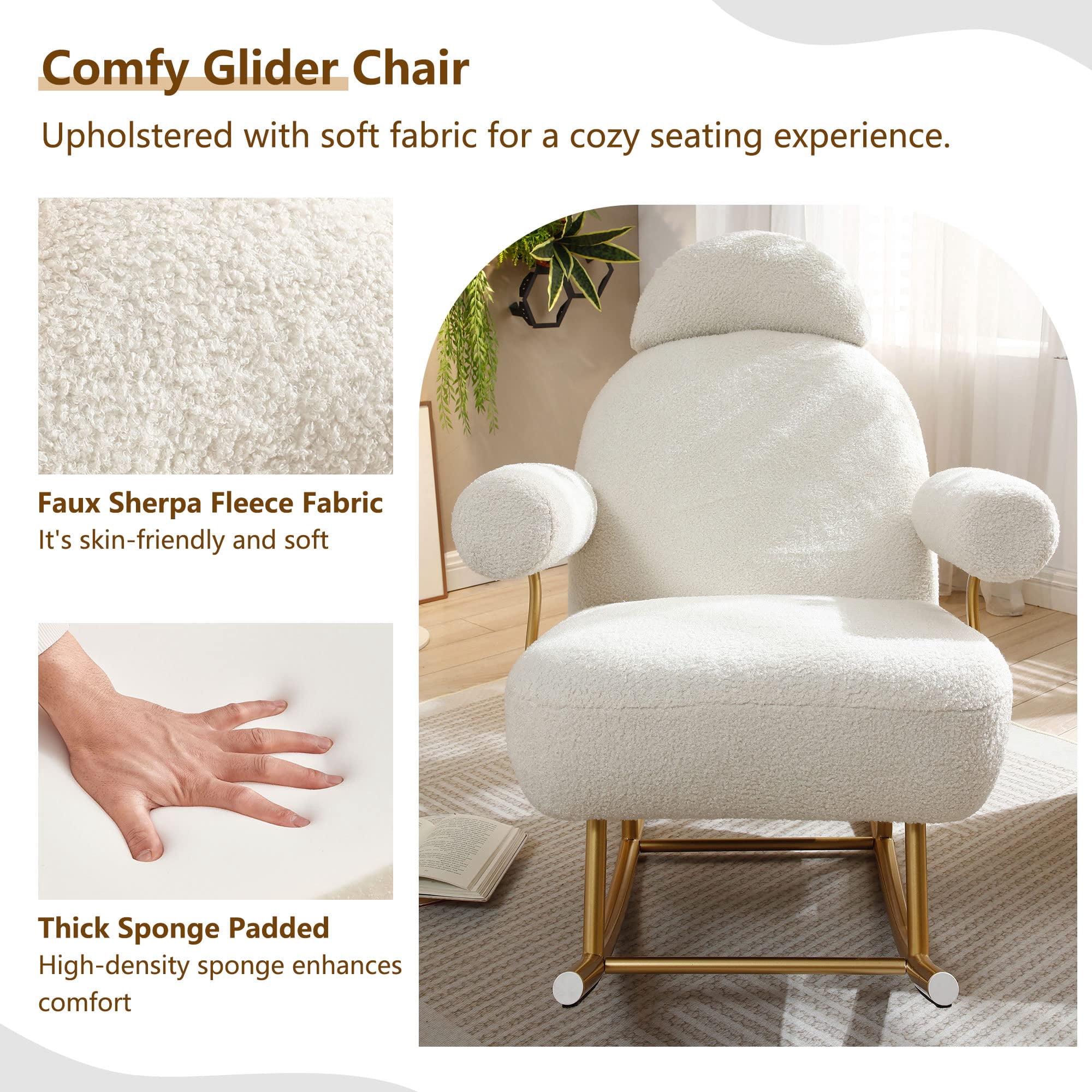 Aukfa Nursery Rocking Chair, Accent Upholstered Rocker Glider Chair for Living Room Bedroom, Beige