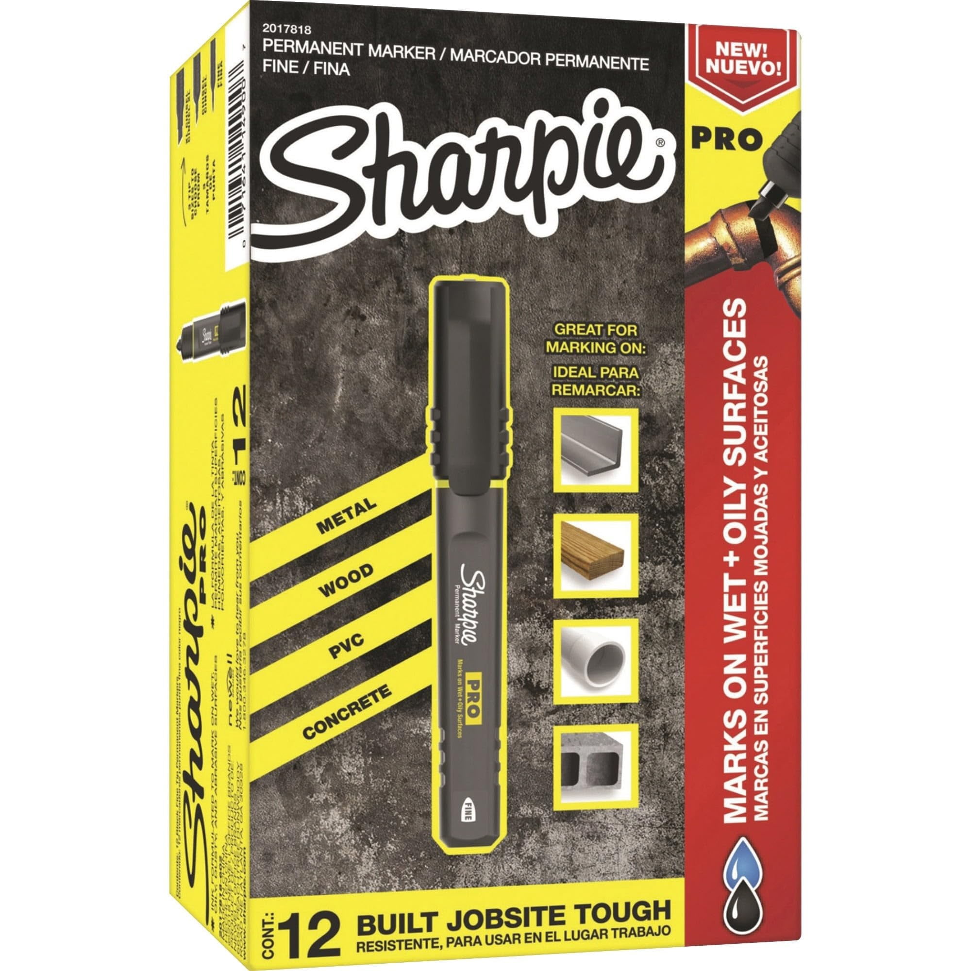 Sharpie® PRO Permanent Markers, Fine Point, Black/Gray Barrel, Black Ink, Pack Of 12 Markers
