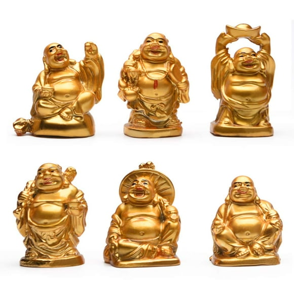Brass Statu BRABUD 2'' Golden Laughing Buddha Figurines with Red Lips Good Gift and Collection Set of 6 (2'' Gilt)
