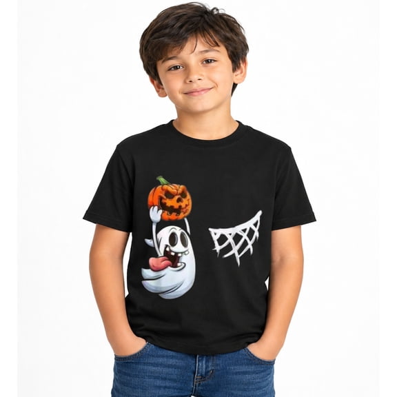 Funny Ghost with Pumpkin and Spiderweb Halloween Graphic T-Shirt for Boys, Cute Seasonal Short Sleeve Shirt for Everyday Wear