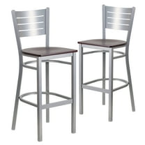 Flash Furniture 2 Pk. HERCULES Series Silver Slat Back Metal Restaurant Barstool - Mahogany Wood Seat