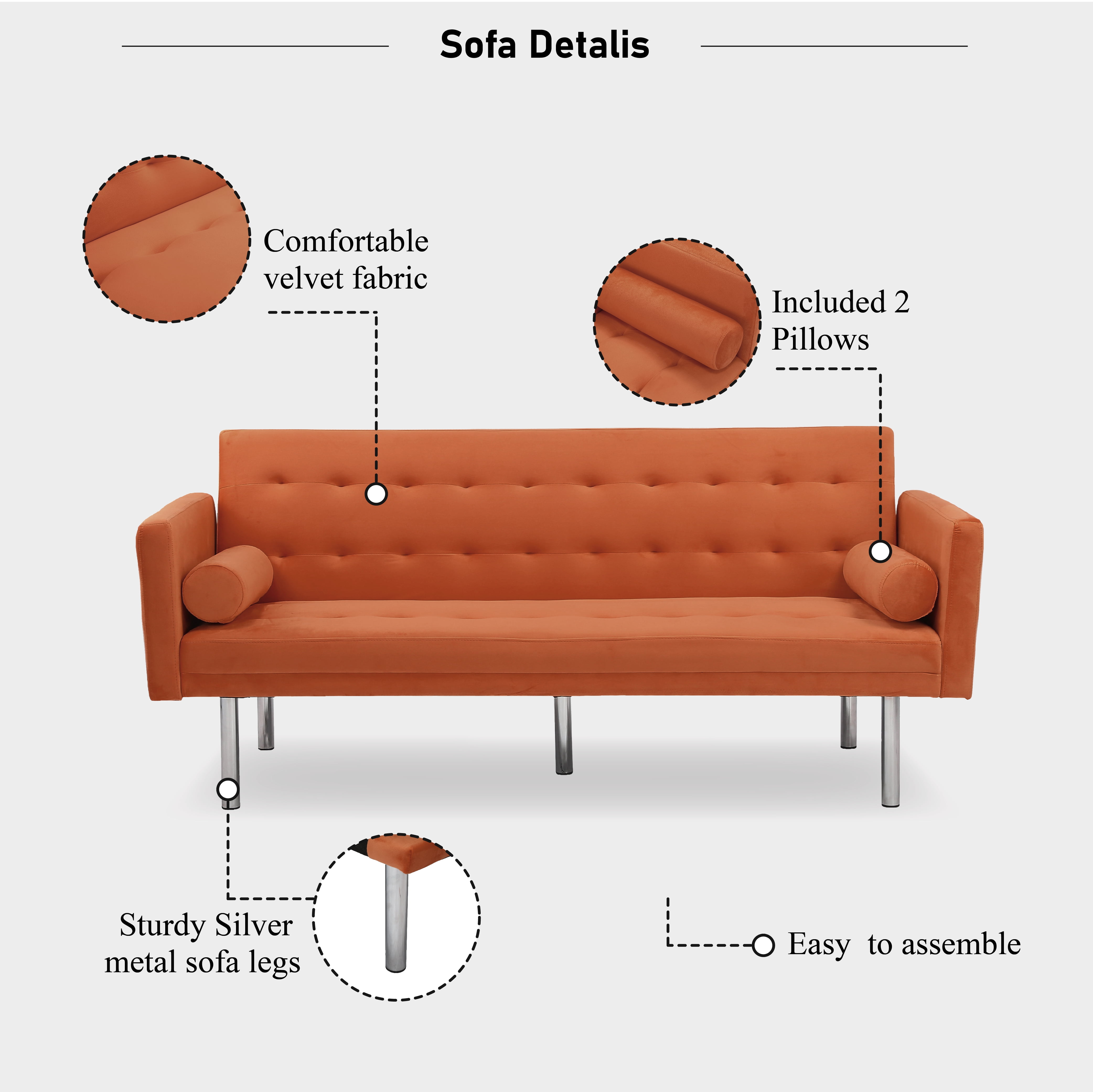 DEALTOPS Velvet Futon Sofa Bed Upholstered Convertible Sofa Couch, Recliner Modern Tufted Back Couch Lounge for&nbsp;Living Room - Orange
