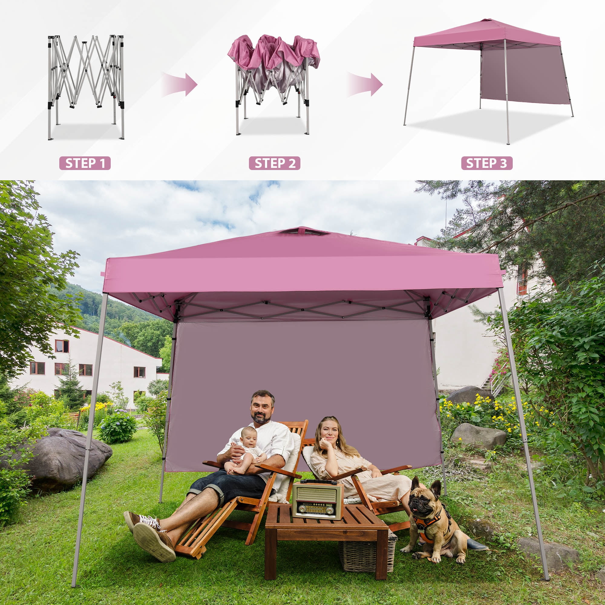 Ainfox 10 x 10 ft Pop up Canopy Tent  with Sidewall, Instant Slant Outdoor Gazebo for Beach, Sun Shade,Outdoor Activies, Weddings,Pink