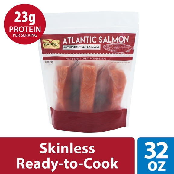 Sea Best Skinless Antibiotic Free Atlantic Salmon Fillets, 2 lb Bag (Frozen Fish)