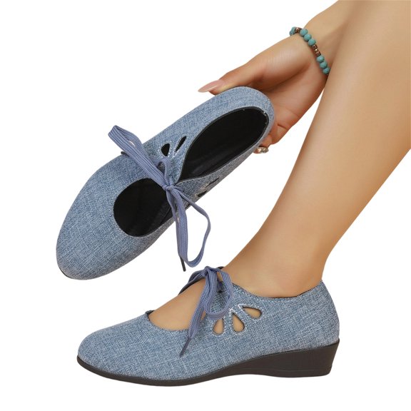 HTHLVMD Low Heel Loafers, Lace Up Canvas Shoes, Casual Walking Shoes, orthopedic shoes for women wide width, Women's Lace Up Low Heel Loafers Casual Comfortable Canvas Walking Shoes, Blue 6