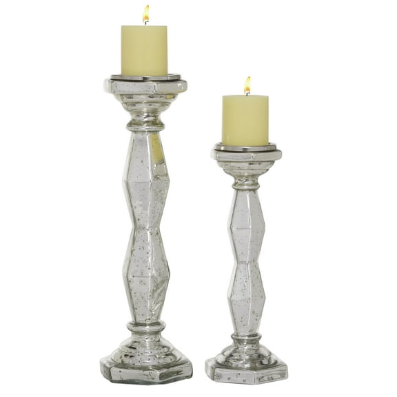 DecMode 2 Candle Silver Glass Candle Holder, Set of 2