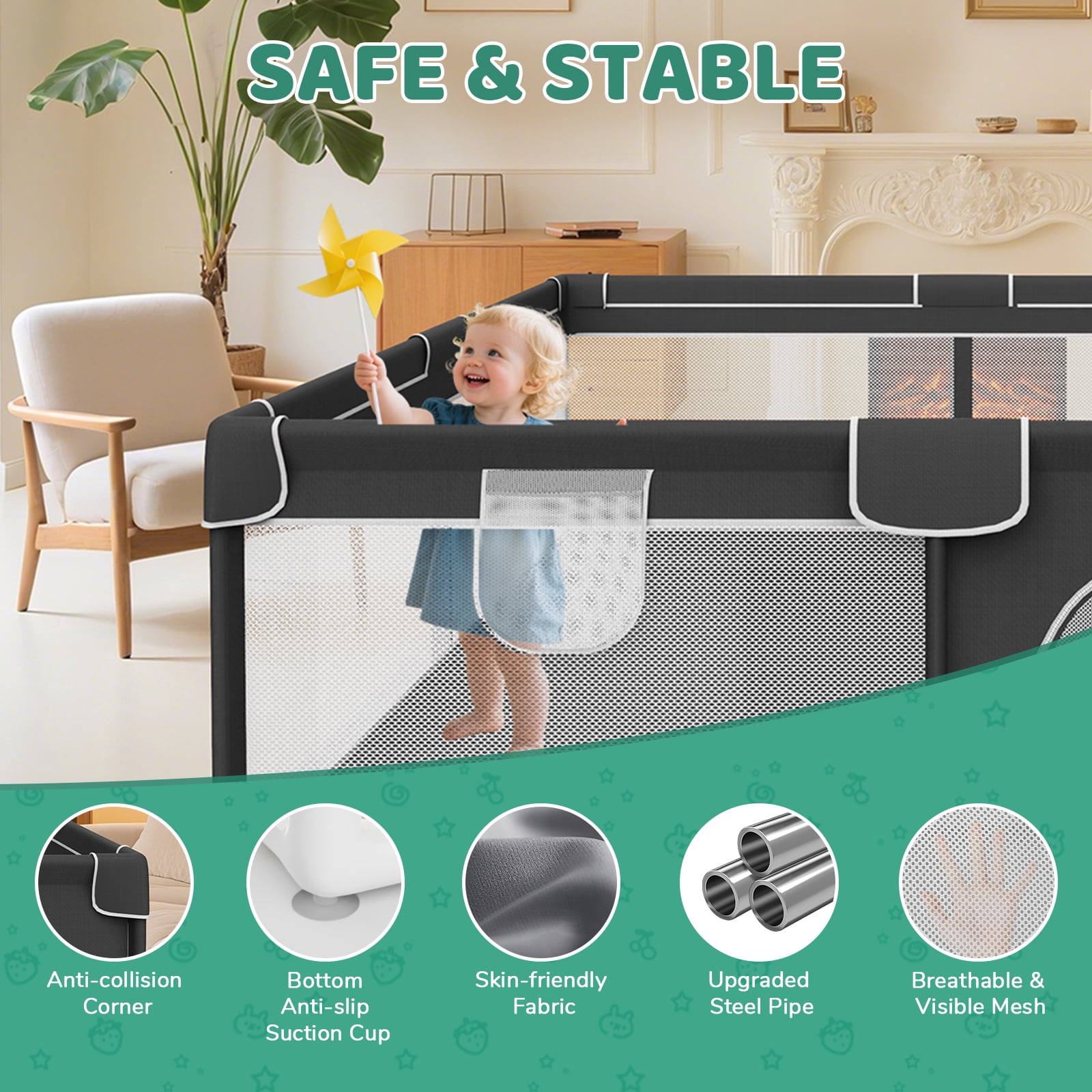Baby Playpen for Babies and Toddlers, 64"x 64" Large & Sturdy Playard with 2 Handles, Safe Activity Center with Non-Slip Suckers, Black