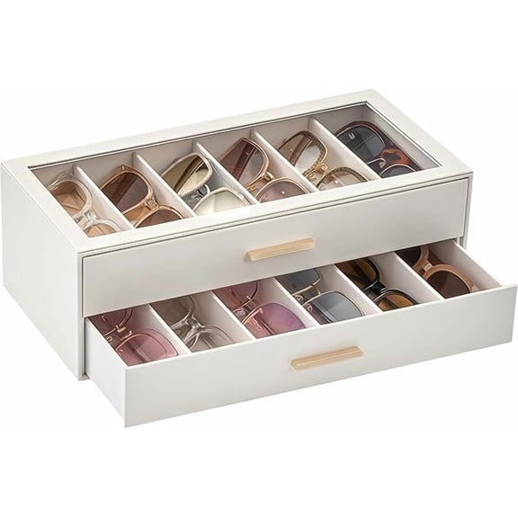 Lolalet 12 Slots 2-Layer Sunglass Organizer with Clear Top Lid Display Case -Beige
