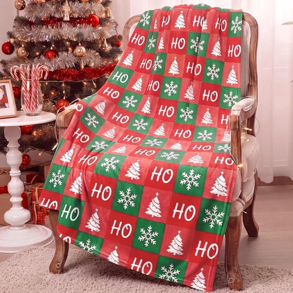 Christmas Flannel Blanket Throw, Hohoho Checker, Red Green Checkered Blanket, Christmas Tree Snowflake Ho Soft Fuzzy Cozy Throw, for Xmas Gifts Couch Bedroom Sofa Travel Bed