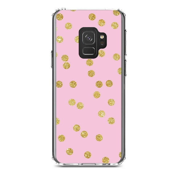 DistinctInk Clear Shockproof Hybrid Case for Samsung Galaxy S9 (5.8" Screen) - TPU Bumper, Acrylic Back, Tempered Glass Screen Protector - Pink & Gold Print - Polka Dots Pattern