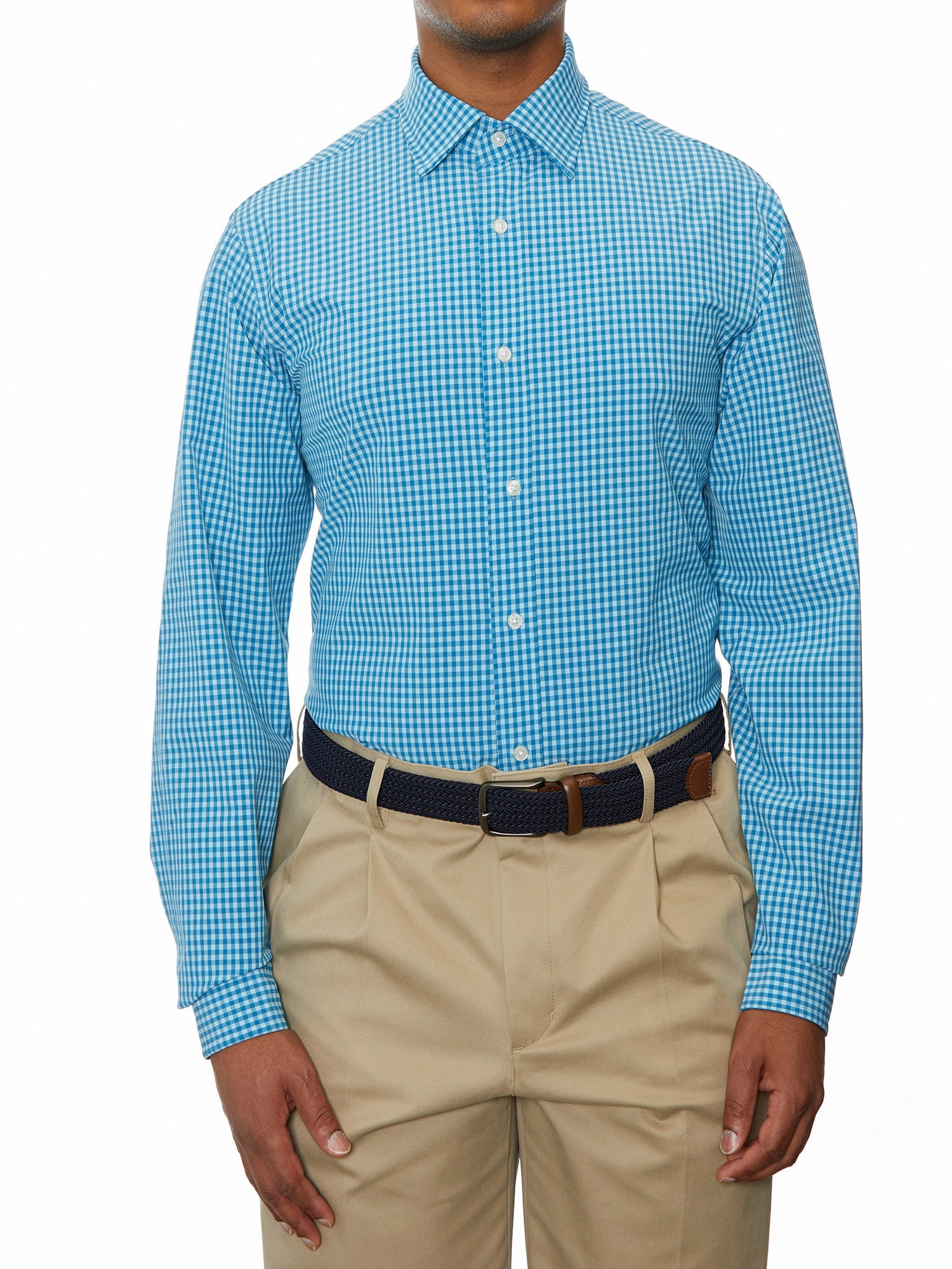 Lands' End Mens Regular-Fit Turquoise Check Dress Shirt