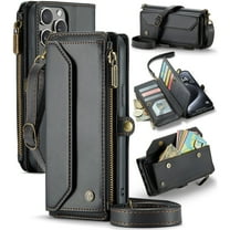 ShieldPlus for iPhone 15 Pro Max Case, RFID Blocking iPhone 15 Pro Max Wallet Case Crossbody for Women Men,Luxury PU Leather Magnetic Flip Zipper Strap Phone Case for iPhone 15 Pro Max,Black