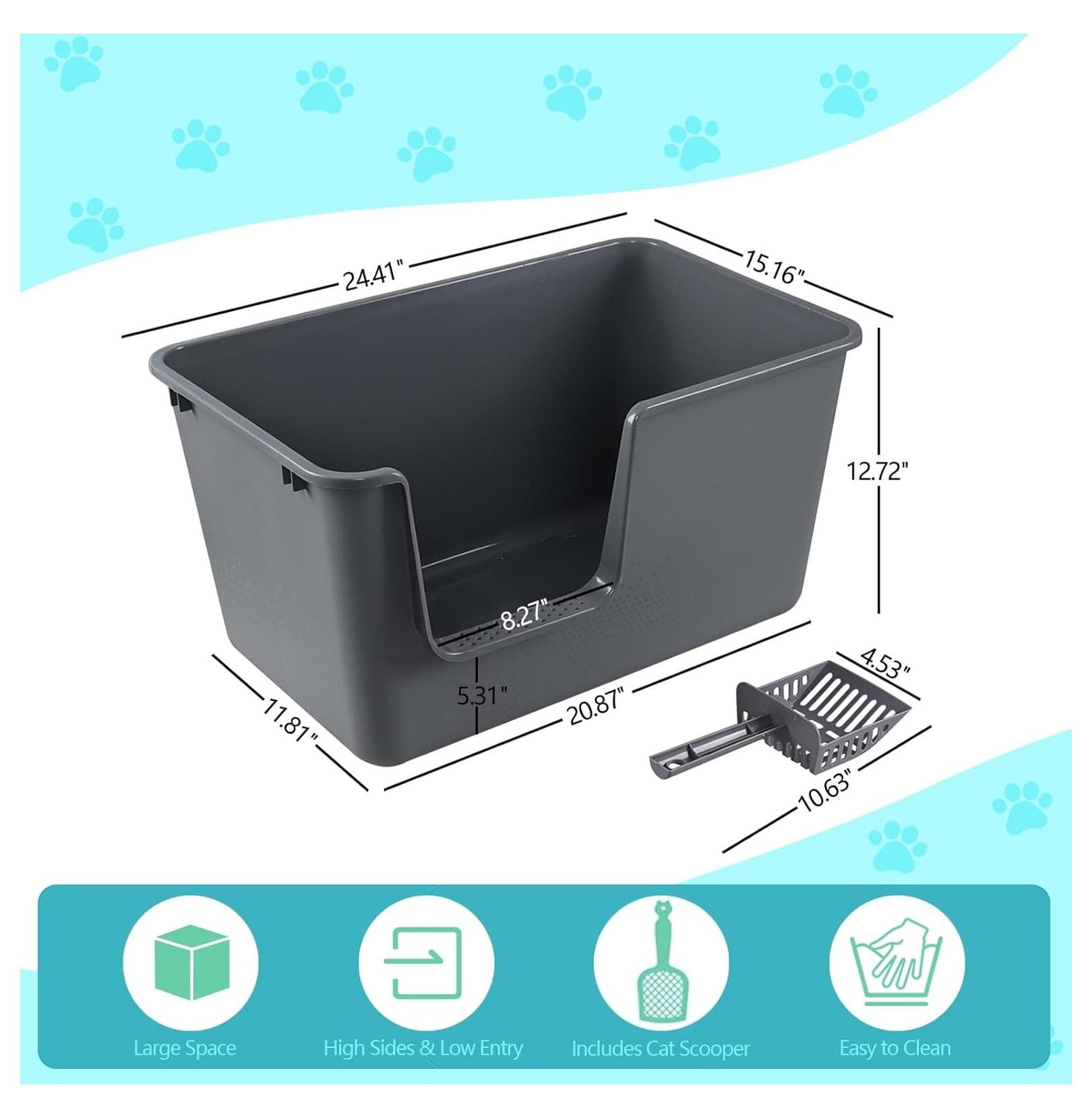 Cat Litter Boxes 2-Pack, Large High-Sided Plastic Cat Litter Pan, Gray - 24.4x15.2x12.7 Inch - Open Top Cat Toilet for Cats & Small Dogs