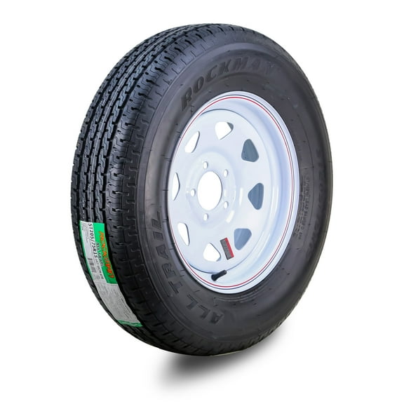ROCKMAN Trailer Tire Wheel Assembly ST205/75R15 8-Ply D 107M 5 Lug on 5" PCD White Spoke Rim