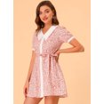 thumbnail image 2 of Unique Bargains Robe Florale pour Femmes Col Pointu Boutonnée Ceinturée Robes d'Été Rose TG, 2 of 6