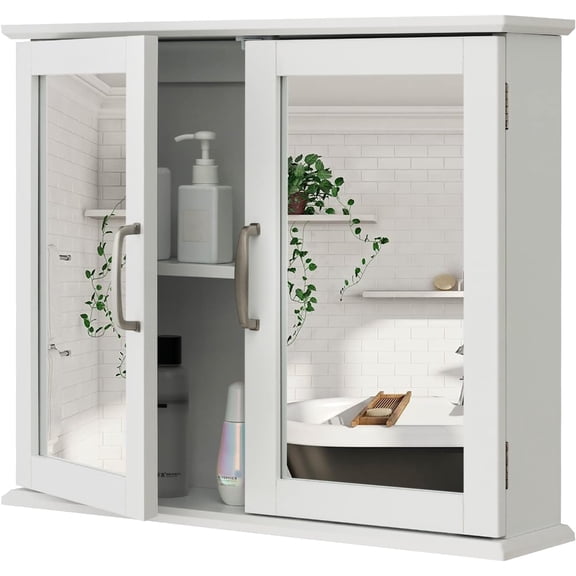 2-Door Bathroom Mirror Cabinet, 2-Tier Medicine Cabinet Storage Organizer with Double Doors, Bathroom Wall Cabinet with Mirror, 23.5 x 5.5 x 19.5 inches