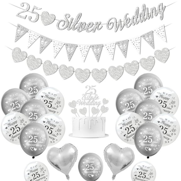 Silver Wedding Decorations, 25th Wedding Anniversary Decorations 25 Silver Wedding Balloons Happy 25th Anniversary Balloons Metallic Silver White Balloons Banner Cake Topper