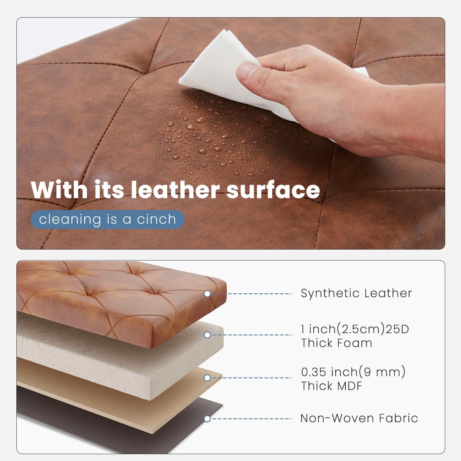 MAYEERTY 30in Foldable Storage Ottoman Foot Rest Stool Synthetic Leather Thicker Foam Seat