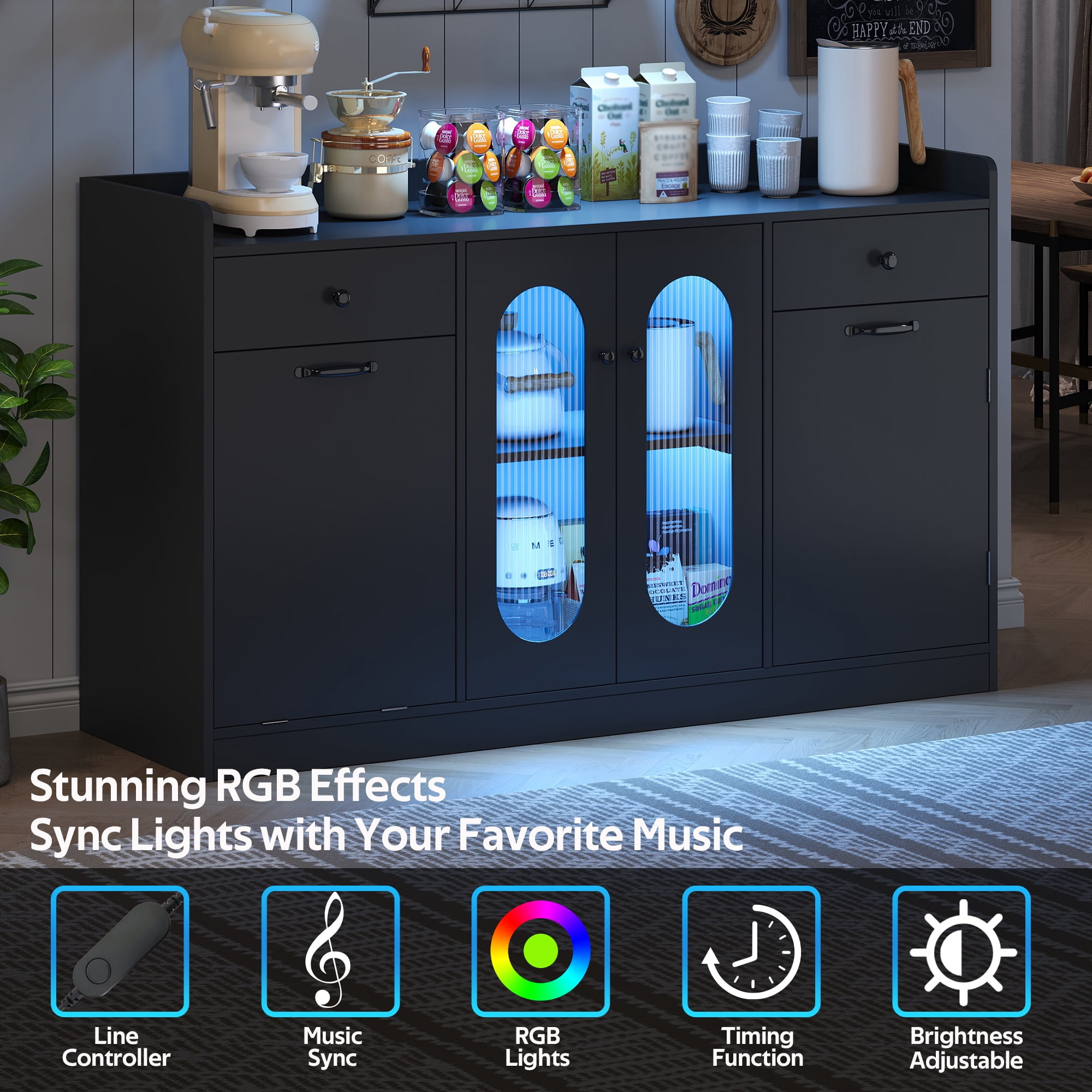 54'' Large Kitchen Island With Tilt Out Trash Can Cabinet And Adjustable Shelves, Kitchen Furniture With Led Light And 2 Drawers