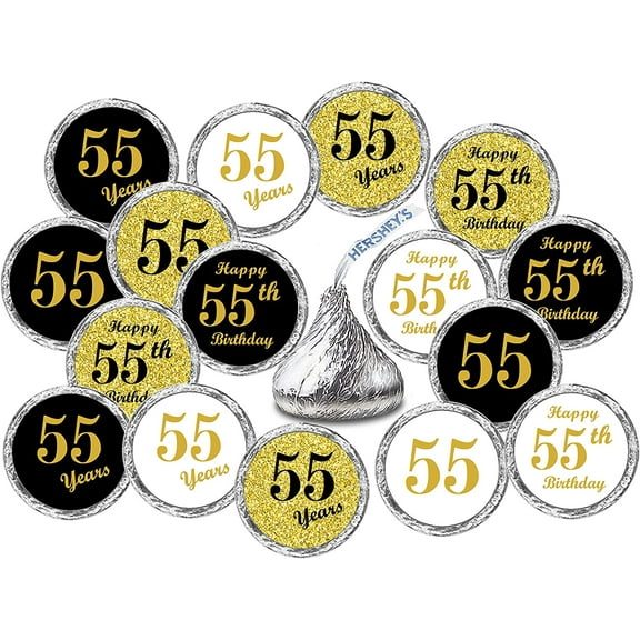 55th Birthday Kisses Stickers, (Set of 324) Chocolate Drops Labels Stickers For 55 Birthday, Kisses Party Favors Decor, 9 Designs (36 Stickers of Each)