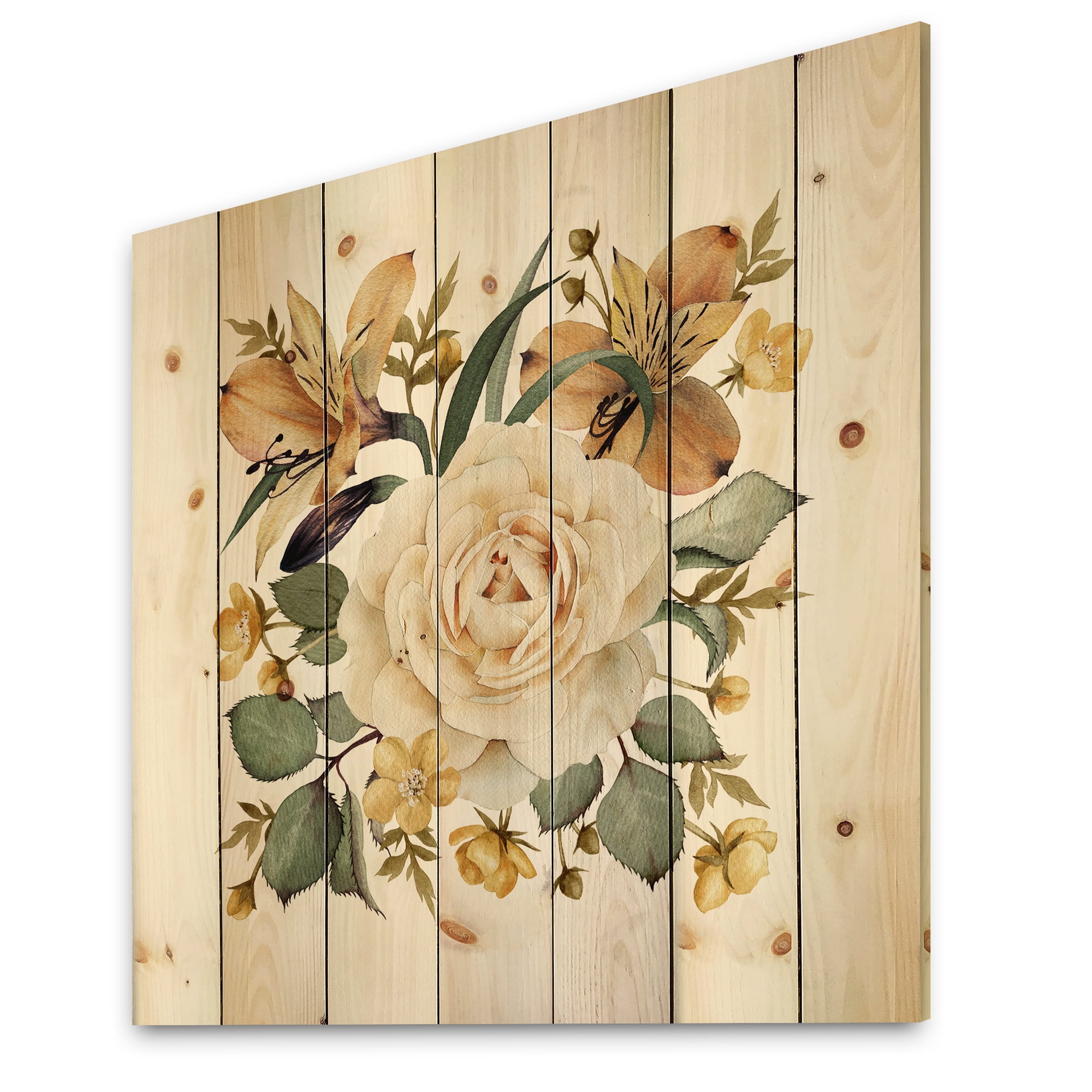 Designart 'Ancient White Rose' Traditional Print on Natural Pine Wood
