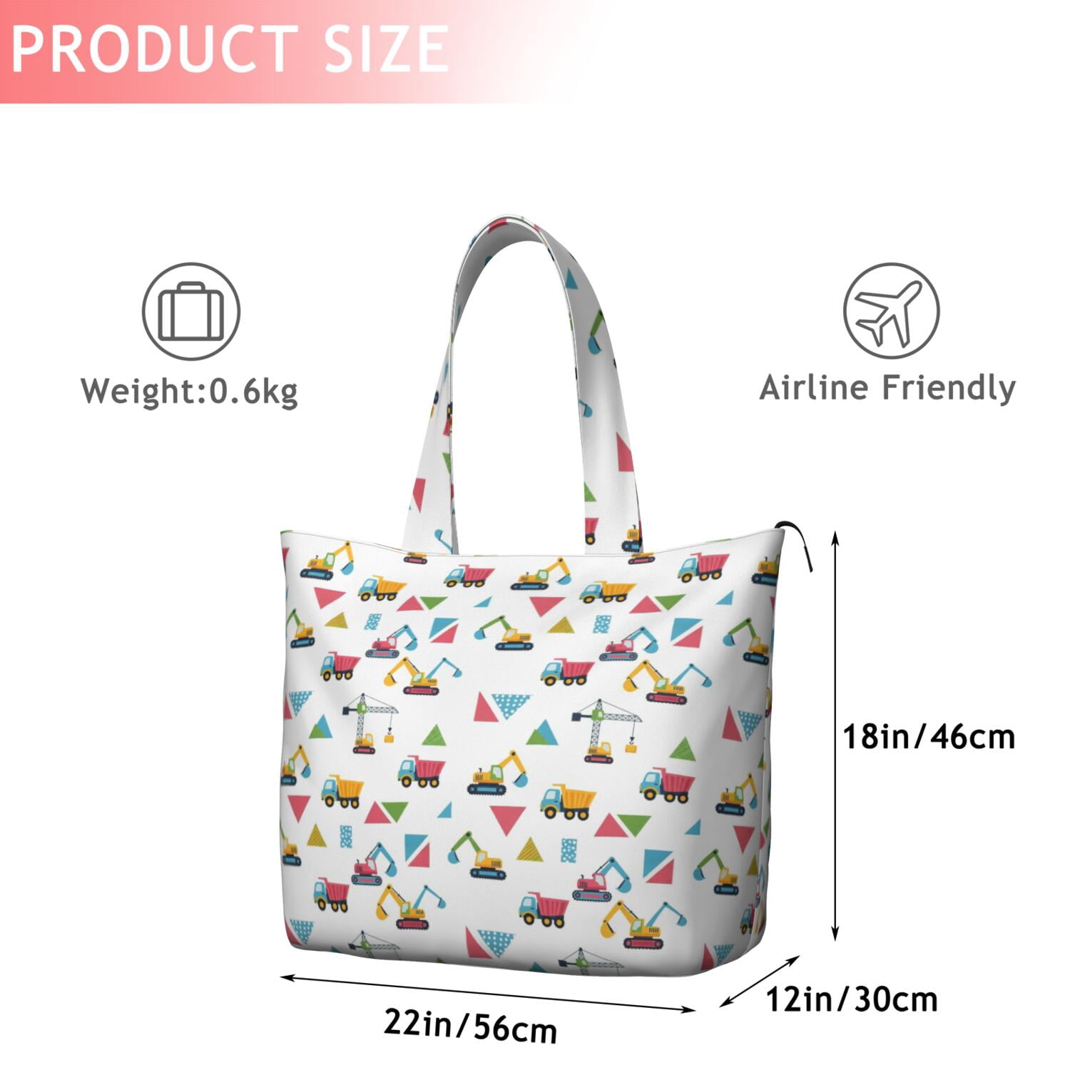 Cartoon Construction Vehicles Triangles Travel Tote Bags for Women Carry On,Large Weekender Bags for Women Travel,Multi Functional Duffle Bag for Work,Shopping,Sports