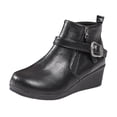 thumbnail image 4 of Wedges Boots for Women Ladies Fashion Buckle Leather Round Toe Heeled Ankle Booties Short Dress Boots with Side Zipper, 4 of 5