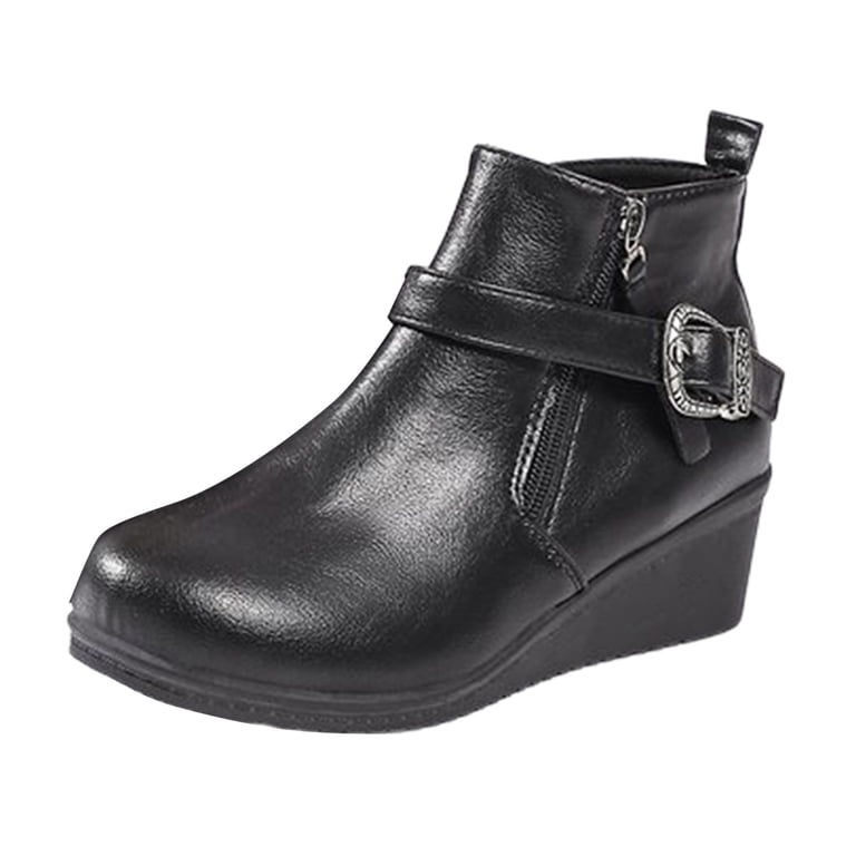 Black Wedge Heel Ankle Boots for Women with Round Toe  Wedge Ankle Boots Platform Lug Sole Buckle Side Zipper Booties main image 2