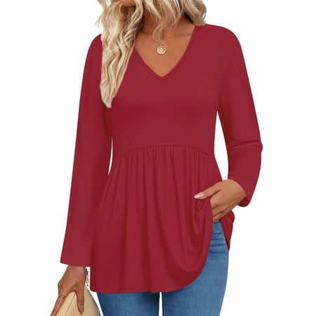 UVN Fall Blouses for Women Long Sleeve V Neck Peplum Tunic Tops Casual Babydoll Flowy T Shirts