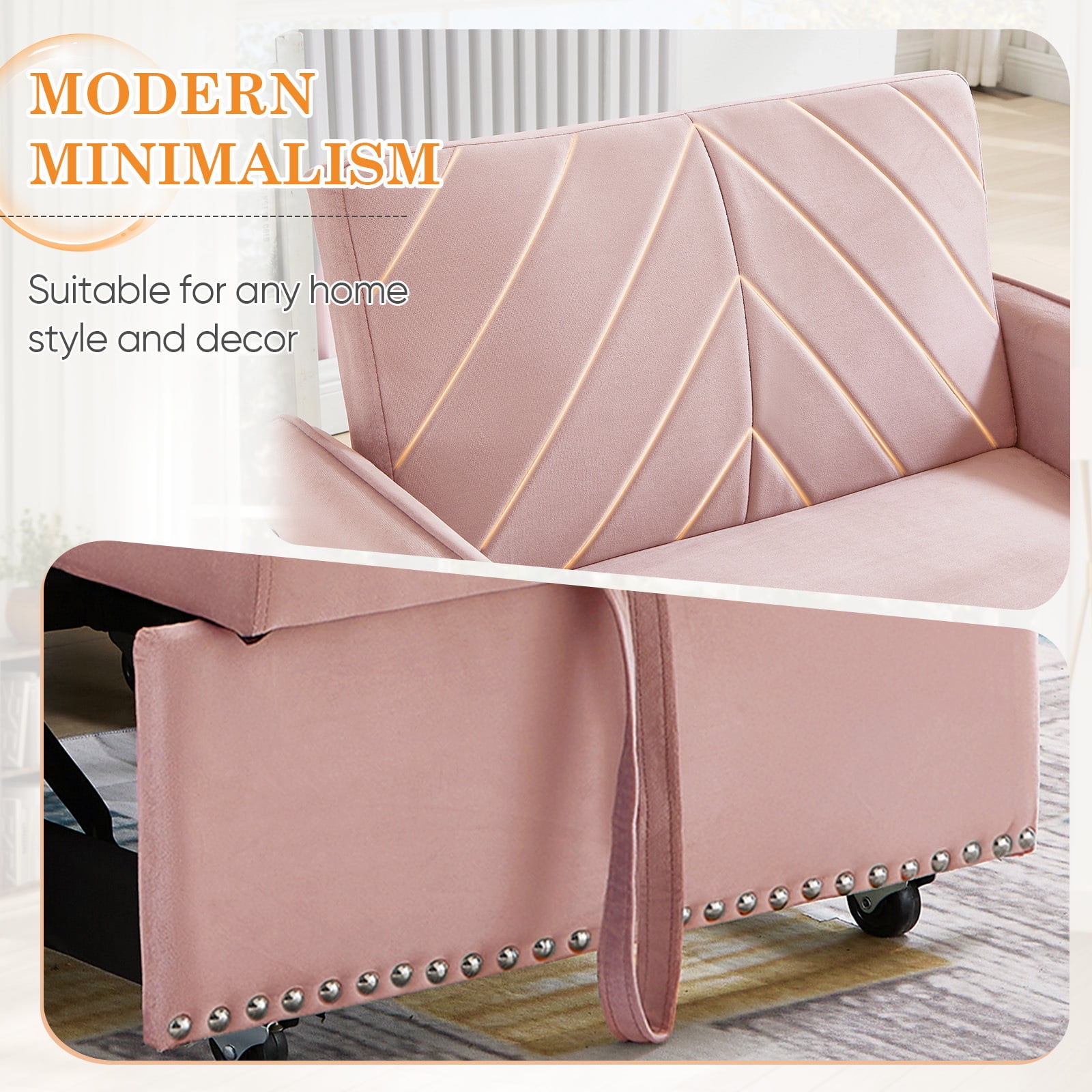 Lunale Convertible Sleeper Chair Bed, Indoor Lounge Chair with USB, Velvet Single Sofa Bed, Pink