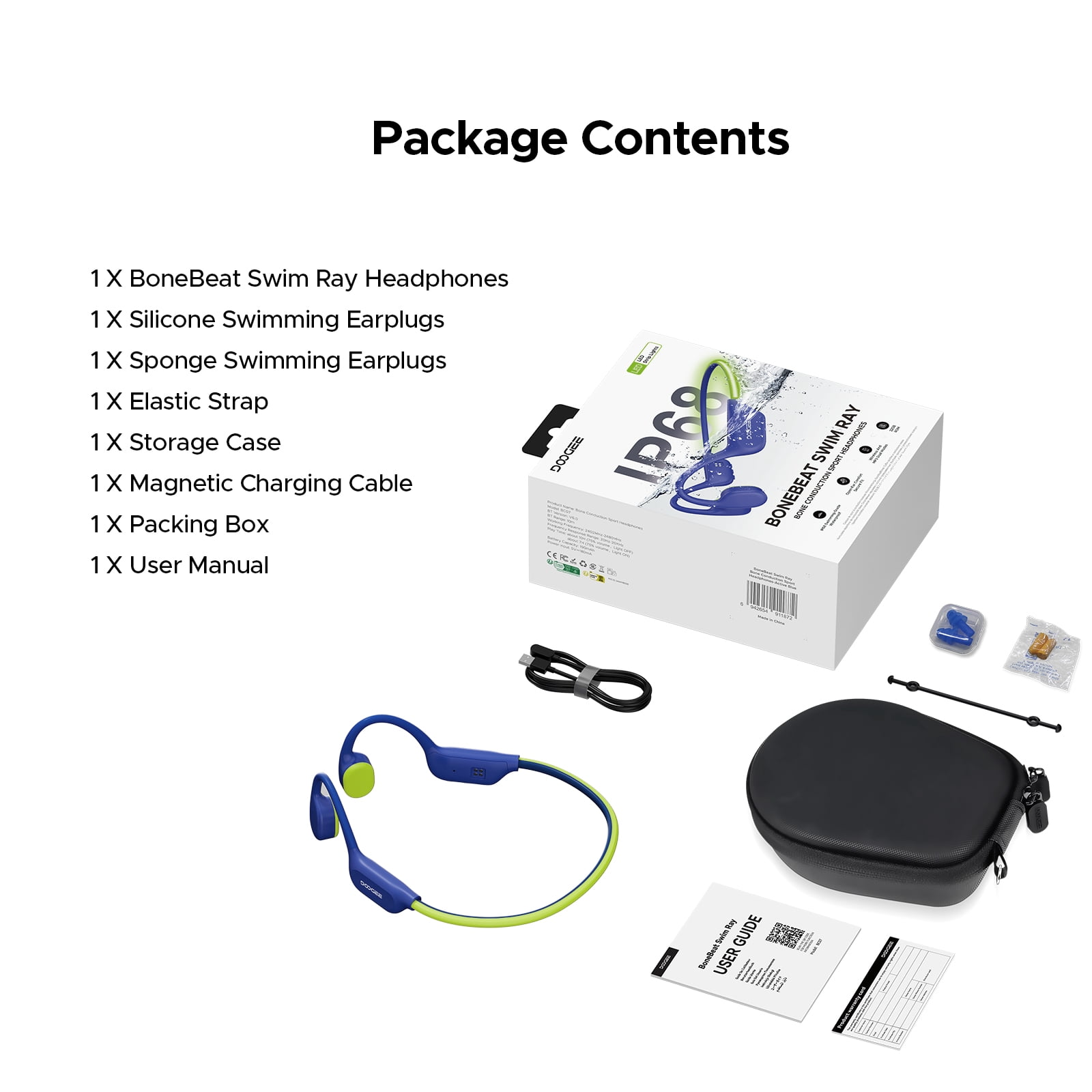 DOOGEE Bone Conduction Swimming Headphones, IP68 Waterproof Open Ear Headphones with 32GB MP3 Player, Bluetooth Audio and LED Safety Light