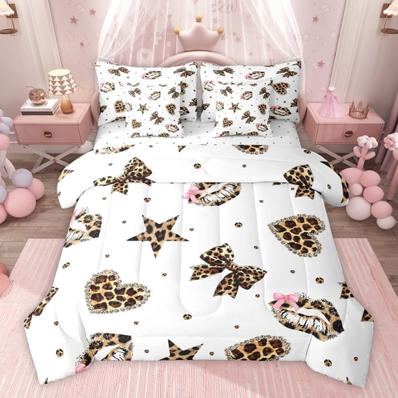 Homewish Teens Love Heart Stars Print Twin Bedding Sets 7-Piece,Kawaii Bowknot Bedding Comforter Set Microfiber,Cheetah Print Polak Dots Breathable Sheet Sets,Lightweight Room Decor,Reversible