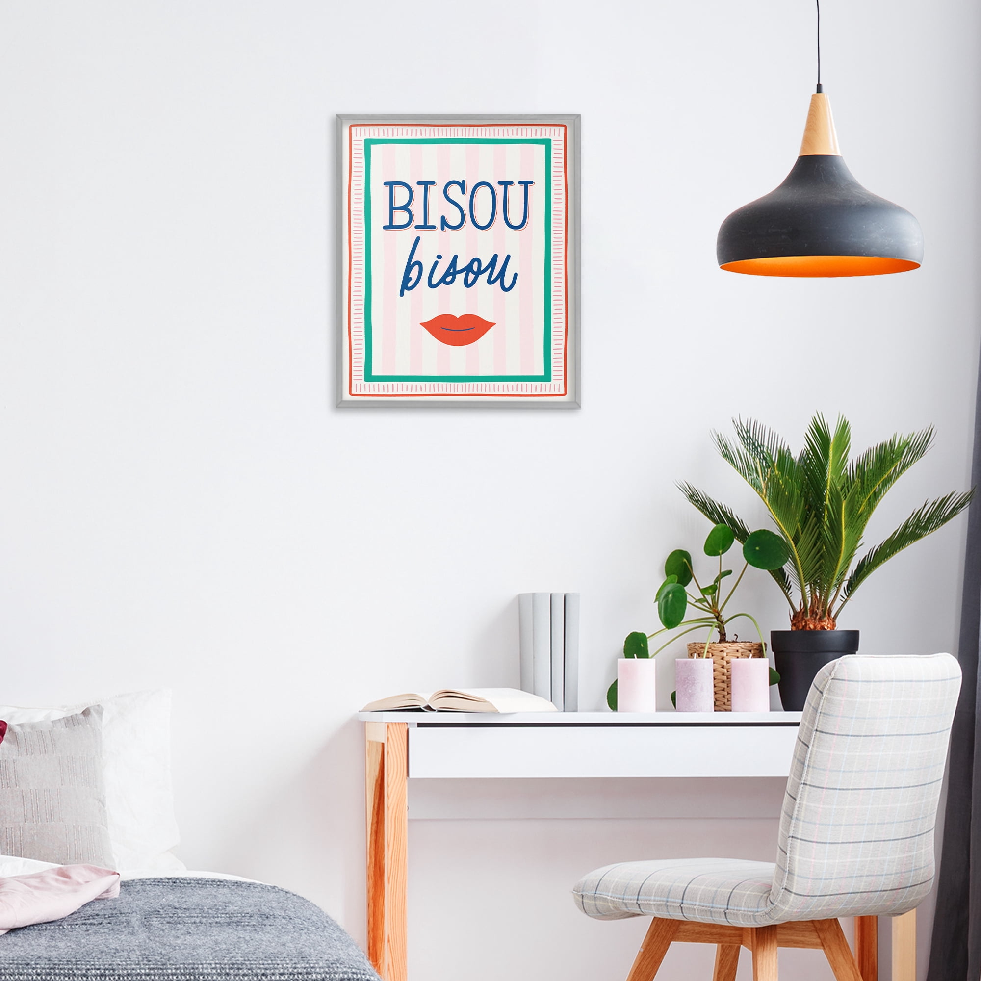Stupell Industries Bisou Kiss over Stripes Gray Framed Giclee Art, design by Jalynn Heerdt