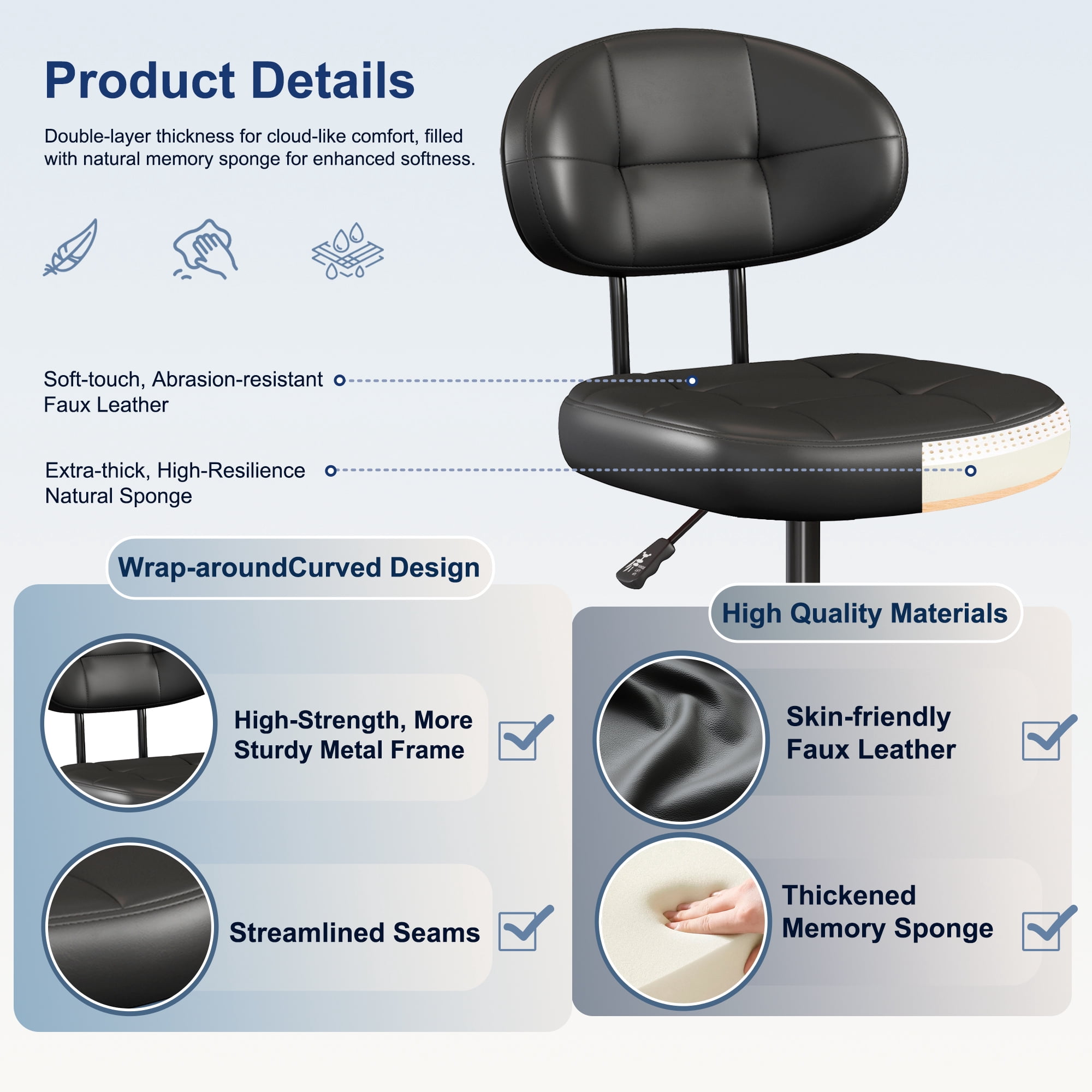 Misolant Vanity Chair with back, Small Armless Cute office Chair with wheels and Lumbar support, Comfy PU Leather Desk Computer Chairs with Adjustable Height, 360°Swivel for Home Bedroom Office
