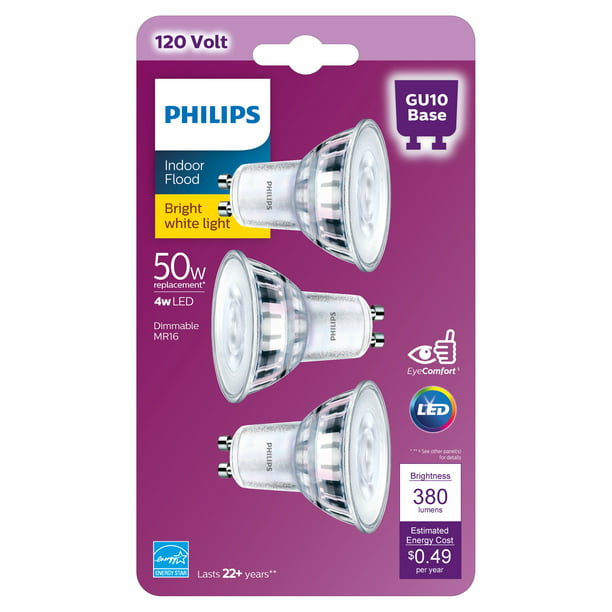Philips 50-Watt MR16 Indoor Light Bulb, Bright Dimmable, GU10 Base (3-Pack) Walmart.com