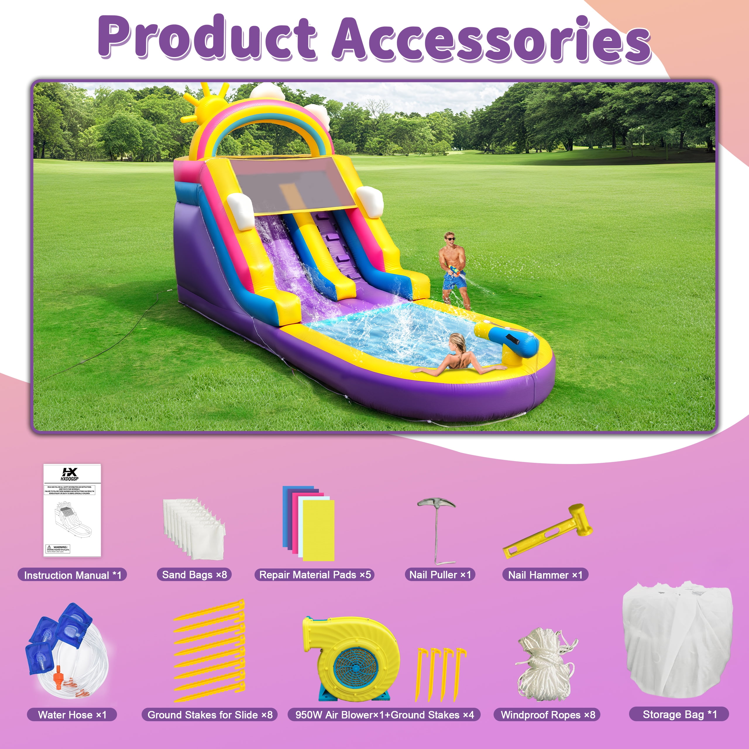 Inflatable Water Slide Commercial Grade: 21FT(L) Water Bounce House for Adults & Teenagers - Big Pool, Premium PVC, Rainbow Style, Wet & Dry, 950W Blower - for Backyard Outdoor Birthday Party