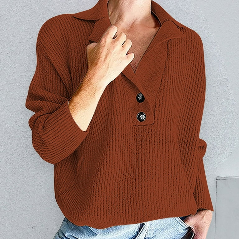 YOTMKGDO Cardigan Sweaters For Women V Neck Sweater Women s Snap Buttons Foldover Collar Henley Knitted Pullover Sweater Tops Sizes S XXL