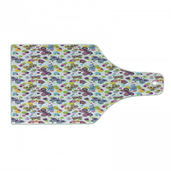 Butterfly Cutting Board, Vibrant Flora Patterned and Polka Dotted Background with Vintage Inspired Animals, Tempered Glass Cutting and Serving Board, Wine Bottle Shape, Multicolor, by Ambesonne