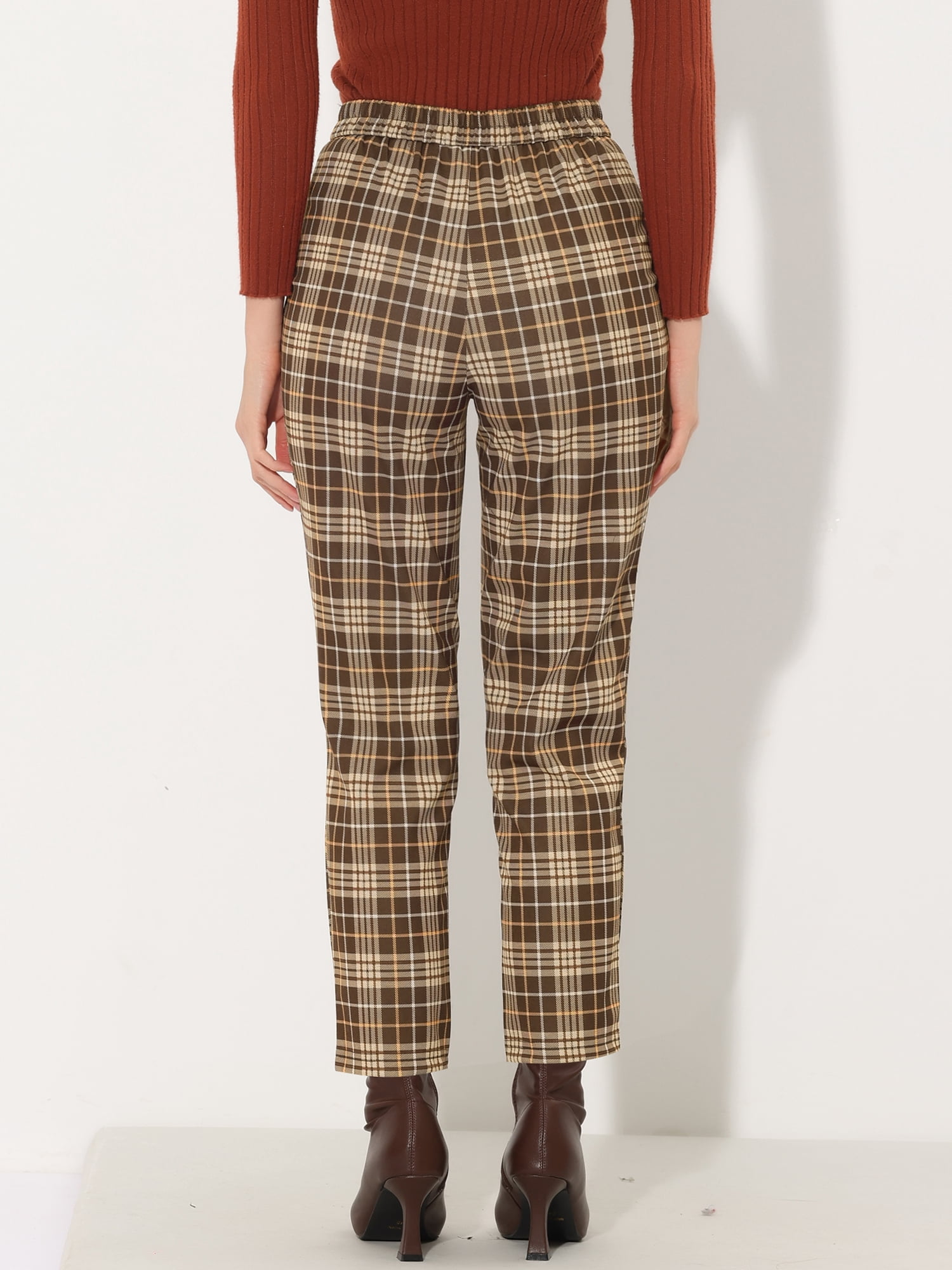 DARING DIVA Women's Tartan Plaid Pants Elastic Waist Straight Trousers XS Brown Beige