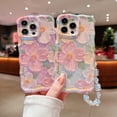 thumbnail image 2 of for iPhone 14 Pro Wavy Case, [Curly Protection Frame][Vintage Glossy Oil Painting Floral Print] with Lovely Bead Chain for Grils and Women (Pink), 2 of 8