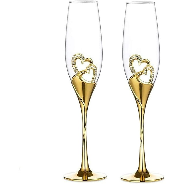 Copas de champán para boda, copas para brindis creativas, cristal de lujo, adorno de diamantes de imitación, decoración de corazón, juego de regalo para la novia y el novio