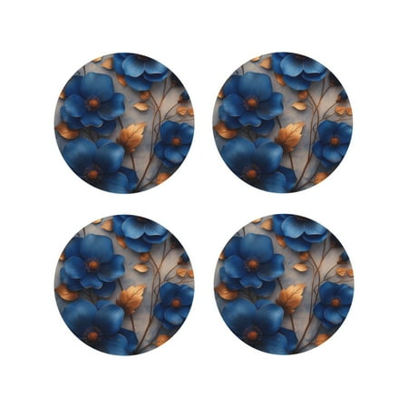 

Matuu Elegant Blue Gold Blooms for Cup Coasters Set of 4 Leather Coasters Desk Coasters for Office Measures 4” x 4”-Round Shape
