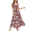 thumbnail image 2 of Qiylii Female Bohemian Dress, Summer Flower Print V-Neck Short Sleeve One-Piece Beach Wear Dress for Ladies, S/M/L/XL/XXL, 2 of 6