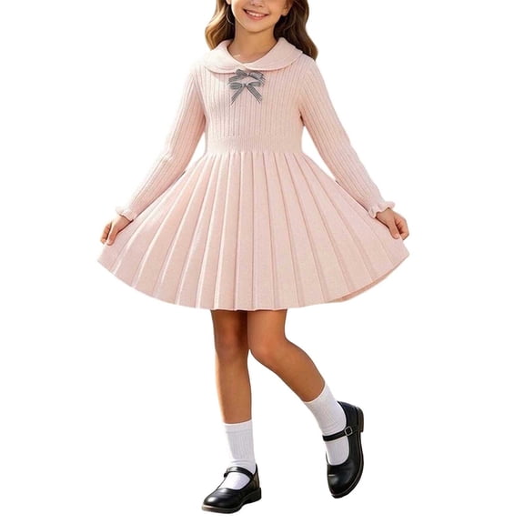 Fesfesfes Girls Long Sleeve Knitted Sweater Dress Round Neck Bow Detail Pleated A-Line Casual Winter Fall Outfit for School Daily Wear Ages 1-8 Years