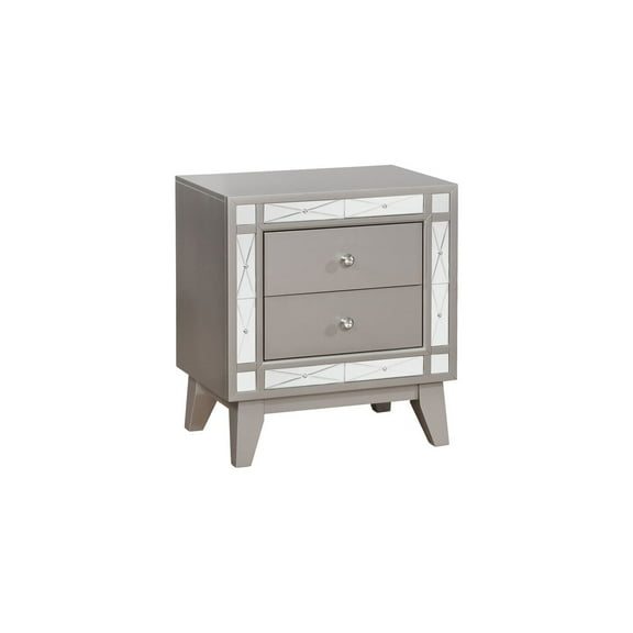 Nightstand 2-Drawer - Mirrored Accents, Mercury Finish, Legs, Cord Management - 23.5" x 16.5"