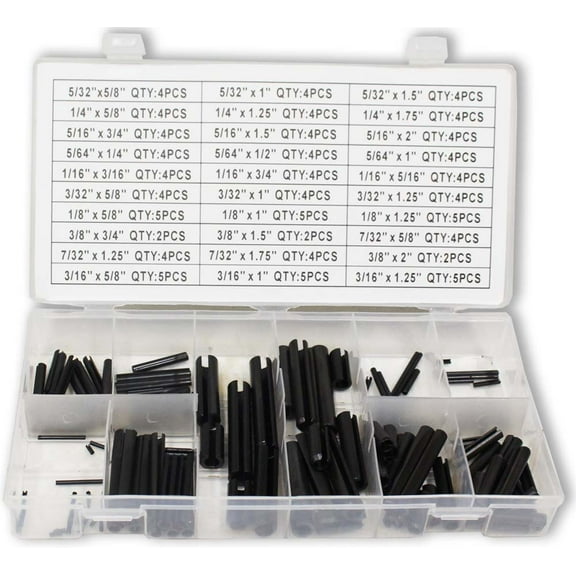 DOVETAIL 120 Piece Roll Pin Set | Ranging 1/16" to 3/8" Diameter & 3/16" to 2" Length | Organized Box (8"x4"x1") | Ideal for Automotive & Industrial Tasks