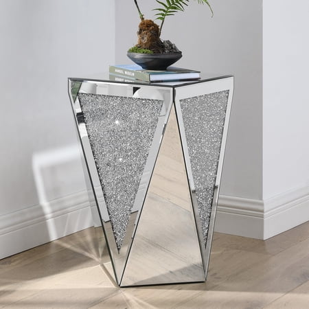 YWEN Mirrored End Table Modern Inverted Triangular Side Table with Crystal Design Decorative Glass Accent Small Coffee Table Bedside Table for Home Decoration Crystal Diamond Bed Night Stand