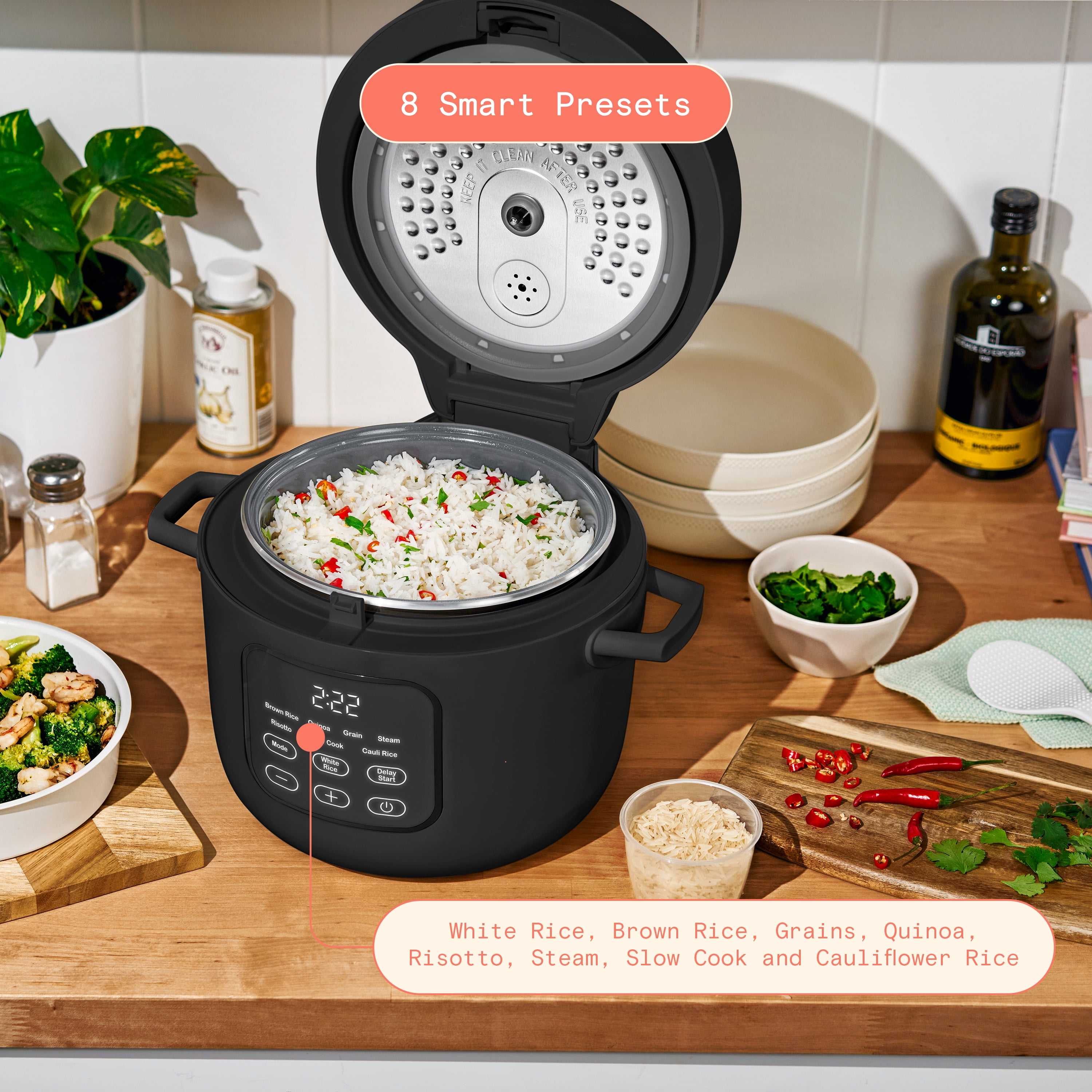 Beautiful 14-Cup Cooked, 6-Cups Uncooked Electric Rice and Grain Cooker, EverGood™ Ceramic Nonstick Coating, Black Sesame by Drew Barrymore