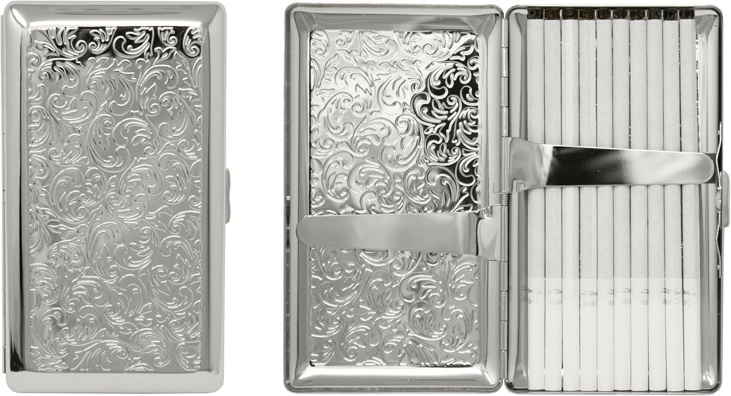 Silver Metal-Plated Compact Cigarette Case & Stash Box (7X 100s Size  Cigarettes)