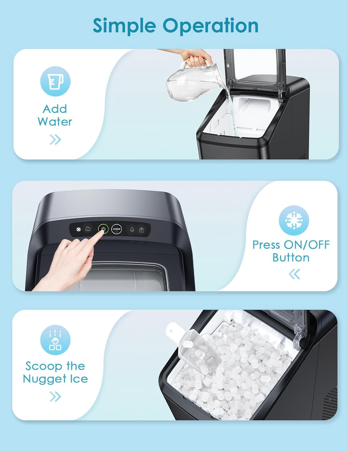 Oraimo Nugget Ice Maker, Ice Makers Countertop, 26 Lbs/Day Tooth-Friendly Chewable Ice with Self-Cleaning, Auto Water Refill, Sonic Pebble Ice Machine